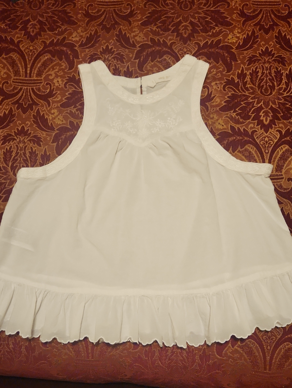 Mango (MNG) White Sleeveless Embroidered Ruffle-Hem Camisole/Tank, Large